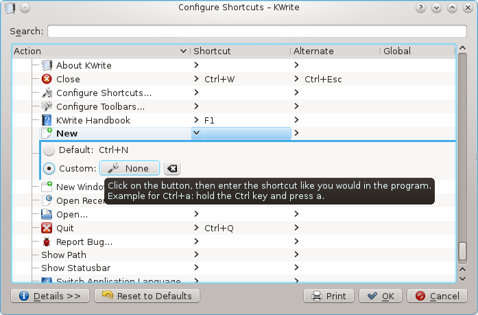 The Customize Shortcuts window demonstrating how to set a shortcut.